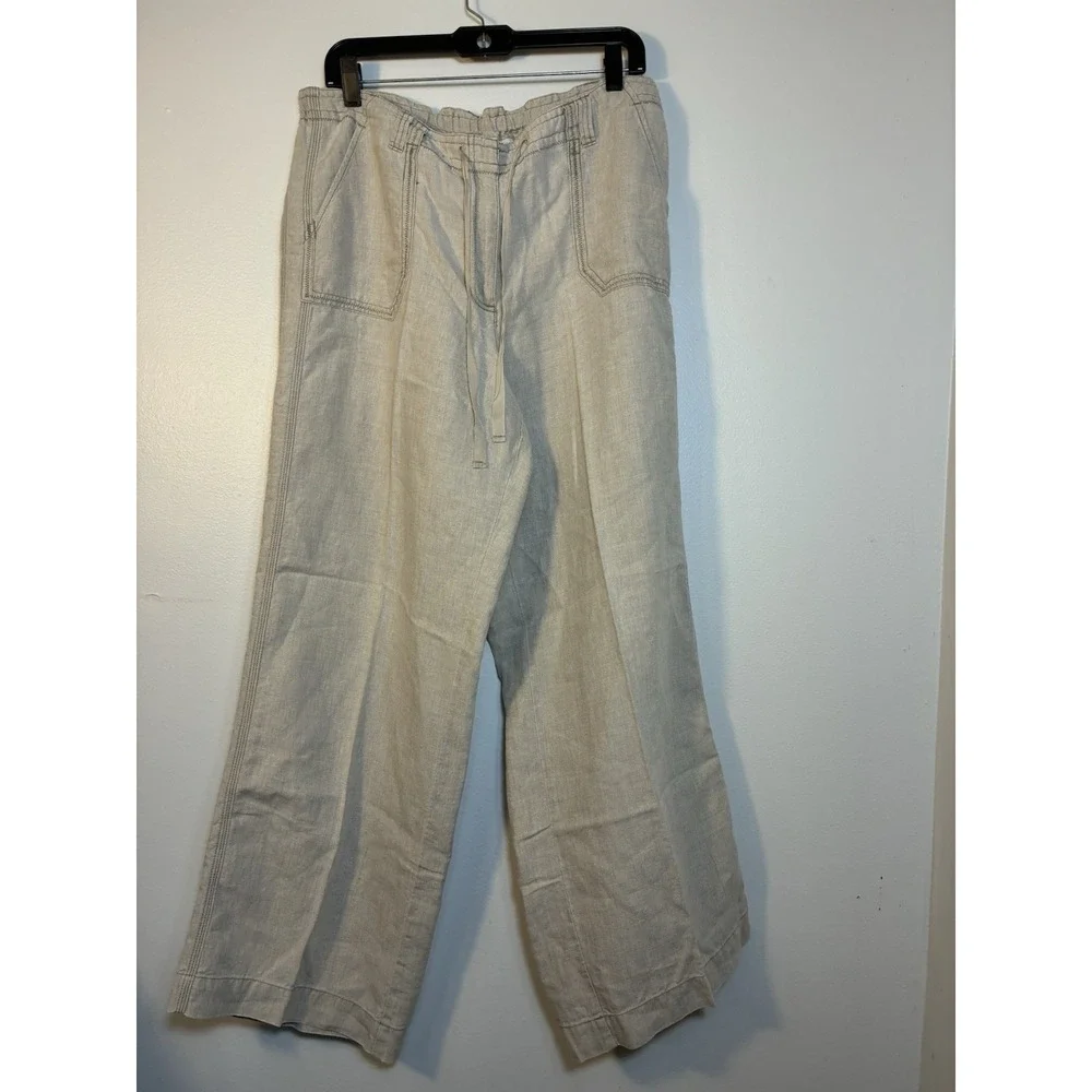 J Jill Wide Leg Pants Sz 16W 100% Linen Tan Lagenlook Beach Pockets‎ Coastal
